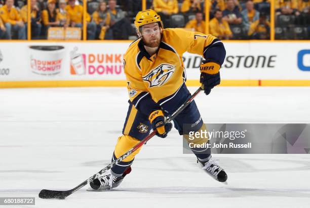 Yannick Weber of the Nashville Predators skates against the St. Louis Blues in Game Four of the Western Conference Second Round during the 2017 NHL...