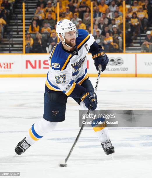 Alex Pietrangelo of the St. Louis Blues skates against the Nashville Predators in Game Four of the Western Conference Second Round during the 2017...