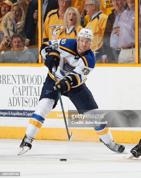 Jay Bouwmeester of the St. Louis Blues skates against the Nashville Predators in Game Four of the Western Conference Second Round during the 2017 NHL...