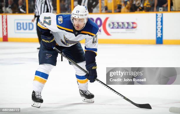 Jaden Schwartz of the St. Louis Blues skates against the Nashville Predators in Game Four of the Western Conference Second Round during the 2017 NHL...