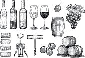Wine stuff illustration, drawing, engraving, ink, line art, vector