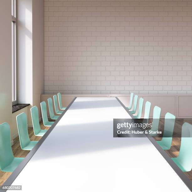 loft with conference table and view at skyline - konzepte foto e immagini stock