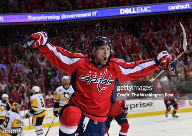 Washington Capitals center Evgeny Kuznetsov celebrates a goal during the third period in Game 1 of the NHL Playoffs Eastern Conference Second Round...