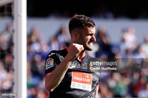 Leo Baptistao forward of RCD Espanol reacts during the La Liga Santander match between Deportivo de La Coruna and RCD Espanol at Riazor Stadium on...