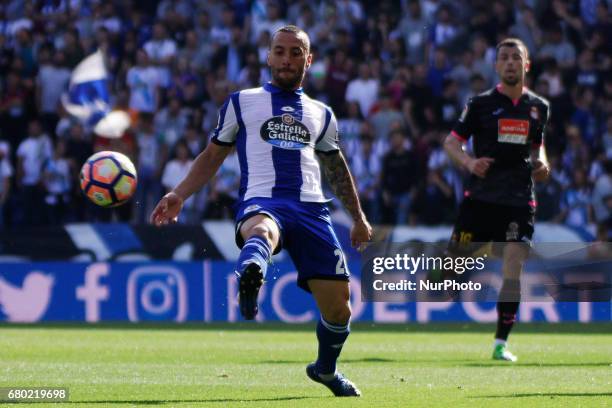 Guilherme Dos Santos midfielder of Deportivo de La Coruna controls the ball during the La Liga Santander match between Deportivo de La Coruna and RCD...