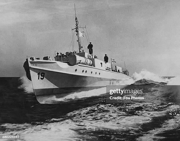 An E-Boat/S-Boot or Schnellboot of the German navy , under the command of Oberleutnant zur See Werner Tonigesat of Schnellbootflottille 2 at speed on...