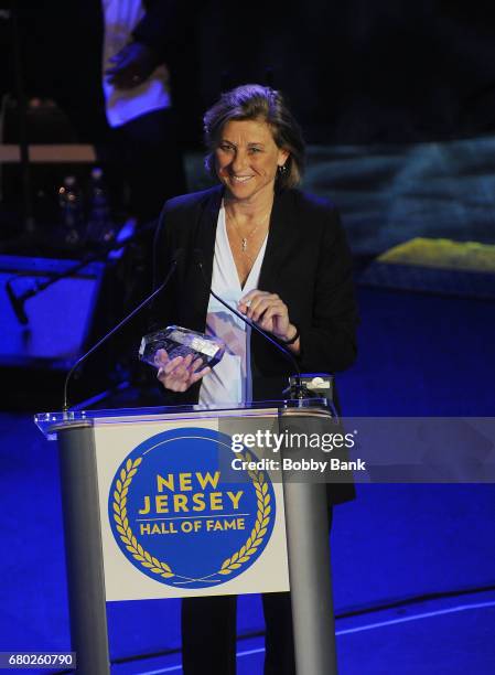 Carol Blazejowski receives the Sports Award at the 2017 New Jersey Hall Of Fame Induction Ceremony at Asbury Park Convention Center on May 7, 2017 in...