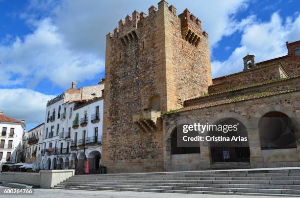 Bujaco tower with the Chapel of Peace to his right, are one of the emblems of the old monumental city of Caceres, Unesco World Heritage Site,...