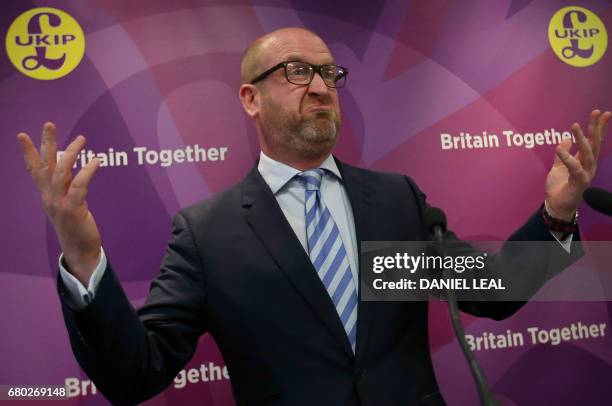 Britain's United Kingdom Independence Party leader, Paul Nuttall, gestures as he speaks during a policy announcement event in London on May 8 ahead...