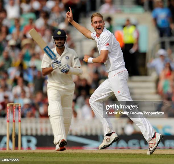 England bowler Stuart Broad celebrates after dismissing India's RP Singh during the 4th Test match at the Oval cricket ground in London on August 22,...