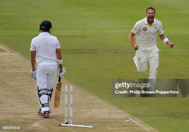 Australia's Ryan Harris celebrates after bowling Jacques Rudolph as South Africa were bowled out for 96 before Australia were bowled out for 47...