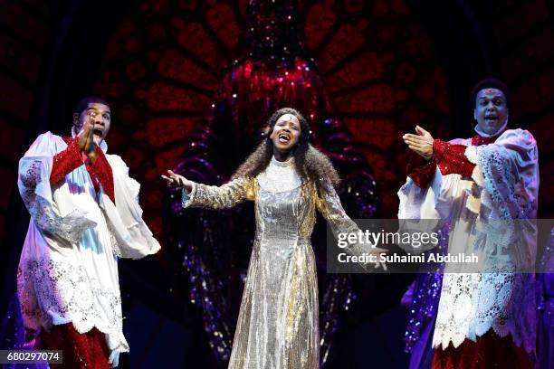 Dene Hill, playing the role of 'Deloris Van Cartier' performs on stage with cast members during the 'Sister Act: The Musical' press call at the...