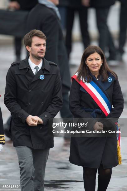 Bruno Julliard and Mayor of Paris Anne Hidalgo attend a ceremony to mark the Western allies' World War Two victory in Europe at the Arc De Triomphe...