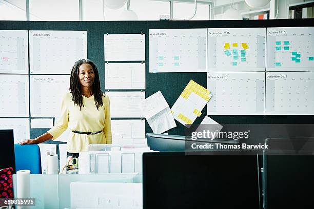 Smiling businesswoman standing at workstation