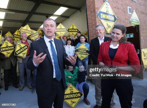 Liberal Democrats leader Tim Farron with candidate Jo Swinson and party activists at the new East Dunbartonshire campaign HQ, where he spoke to...