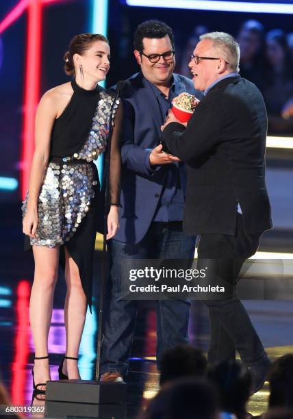 Actors Emma Watson and Josh Gad and Director Bill Condon attend the 2017 MTV Movie And TV Awards at The Shrine Auditorium on May 7, 2017 in Los...