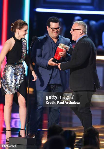 Actors Emma Watson and Josh Gad and Director Bill Condon attend the 2017 MTV Movie And TV Awards at The Shrine Auditorium on May 7, 2017 in Los...
