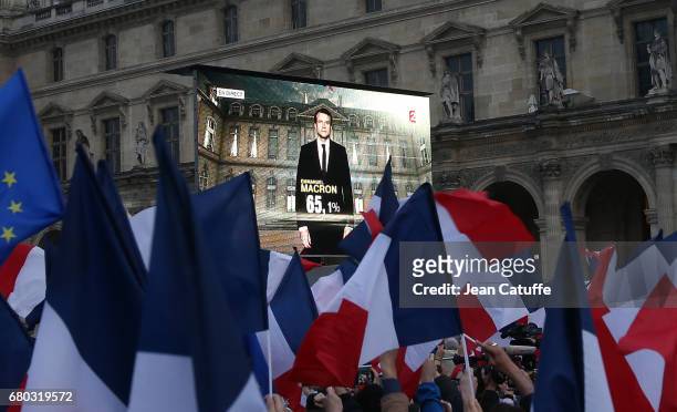 Illustration during the celebration of newly French President elected Emmanuel Macron at Le Louvre plaza on May 7, 2017 in Paris, France.