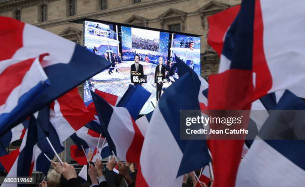 Illustration during the celebration of newly French President elected Emmanuel Macron at Le Louvre plaza on May 7, 2017 in Paris, France.