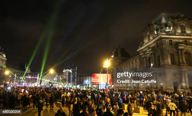 Illustration during the celebration of newly French President elected Emmanuel Macron at Le Louvre plaza on May 7, 2017 in Paris, France.