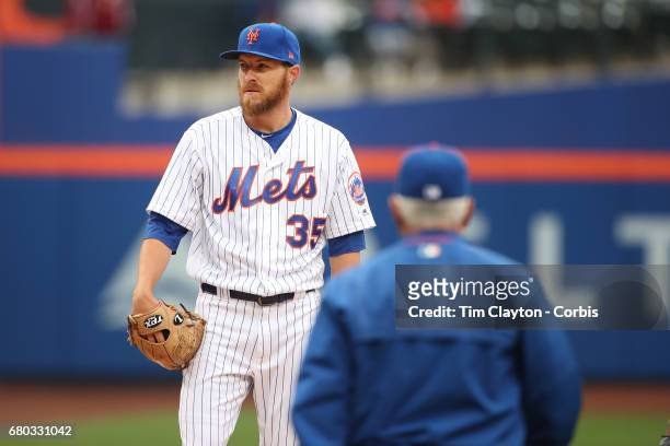 May 7: Pitcher Adam Wilk of the New York Mets is pulled by New York Mets manager Terry Collins in the third inning during the Miami Marlins Vs New...