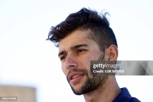 Colombian cyclist Fernando Gaviria of team Quick-Step - Floors poses with the Pink jersey of overall leader during the 1st rest-day of 100th Giro...