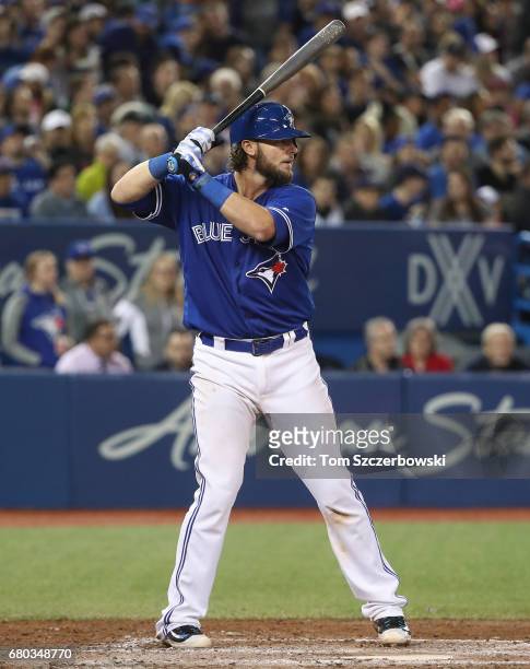Jarrod Saltalamacchia of the Toronto Blue Jays bats in the seventh inning during MLB game action against the Baltimore Orioles at Rogers Centre on...