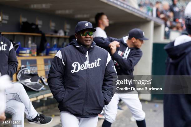 Hitting coach Lloyd McClendon of the Detroit Tigers walks through the dugout during a game against the Minnesota Twins at Comerica Park on April 13,...