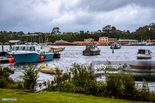 strahan at tasmanian west coast - tasmanian wilderness stock pictures, royalty-free photos & images