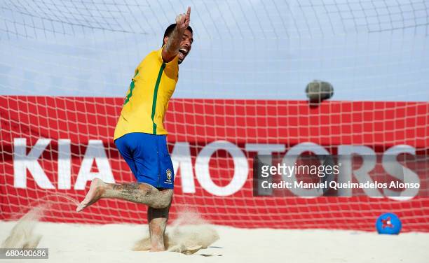 Daniel Nogueira of Brazil celebrates scoring a goal during the FIFA Beach Soccer World Cup Bahamas 2017 final match between Tahiti and Brazil at...