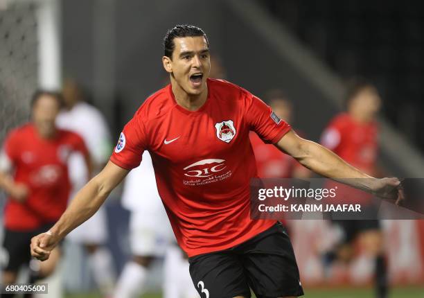 Al-Rayyan's Sebastián Soria celebrates during a AFC Champions League match between Qatar's al-Rayyan and Saudi Arabia's al-Hilal at the Jassim Bin...