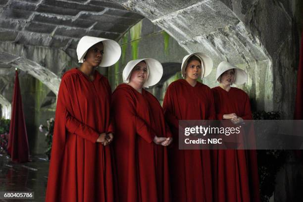 Chris Pine" Episode 1723 -- Pictured: Sasheer Zamata and Aidy Bryant as Handmaidens, Cecily Strong as Offred, Vanessa Bayer as a Handmaid during "The...