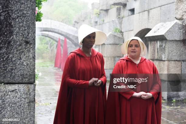 Chris Pine" Episode 1723 -- Pictured: Sasheer Zamata and Aidy Bryant as Handmaidens during "The Handmaid's Tale" on May 6, 2017 --