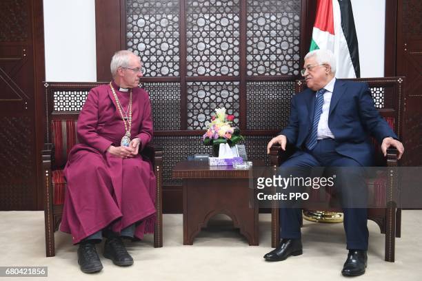 In this handout image provided by the Palestinian Press Office Palestinian president Mahmoud Abbas meets with Archbishop of Canterbury Justin Welby...