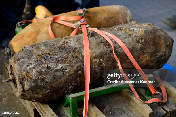 Two five centner bombs are showcased on to a truck after dismantling the bombs on May 7, 2017 in Hanover, Germany. Bomb disposal experts have checked...