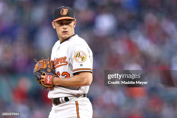 Tyler Wilson of the Baltimore Orioles pitches against the Boston Red Sox during the first inning at Fenway Park on May 4, 2017 in Boston,...