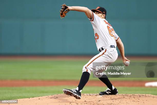 Tyler Wilson of the Baltimore Orioles pitches against the Boston Red Sox during the first inning at Fenway Park on May 4, 2017 in Boston,...