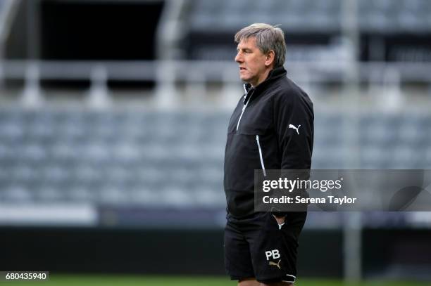 Newcastle's Football Development Manager Peter Beardsley stands sideline during the Premier League 2 Match between Newcastle United and Fulham at...