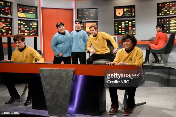 Chris Pine" Episode 1723 -- Pictured: Alex Moffat, Bobby Moynihan as Spocko/Sal Delabate, Kyle Mooney as Spock, Chris Pine as Captain James T. Kirk...