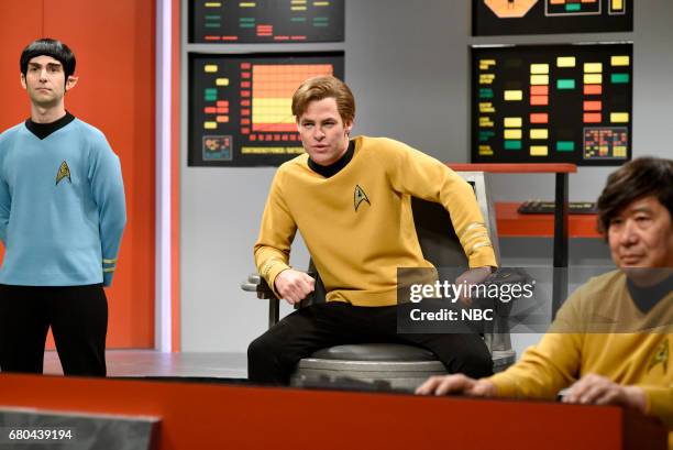 Chris Pine" Episode 1723 -- Pictured: Kyle Mooney as Spock, Chris Pine as Captain James T. Kirk, Akira Yoshimura as Sulu during "Star Trek Lost...