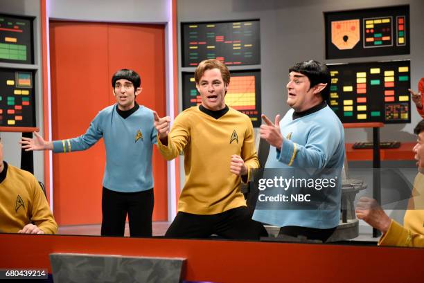 Chris Pine" Episode 1723 -- Pictured: Kyle Mooney as Spock, Chris Pine as Captain James T. Kirk, Bobby Moynihan as Spocko/Sal Delabate during "Star...