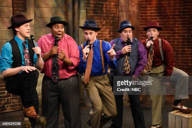 Chris Pine" Episode 1723 -- Pictured: Alex Moffat, Kenan Thompson, Chris Pine, Bobby Moynihan, and Beck Bennett as doo wop singers during "Where in...