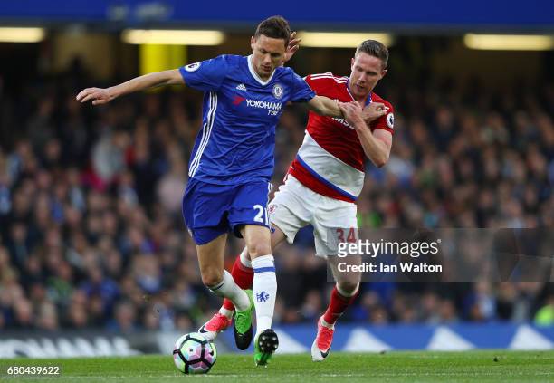 Nemanja Matic of Chelsea and Adam Forshaw of Middlesbrough during the Premier League match between Chelsea and Middlesbrough at Stamford Bridge on...