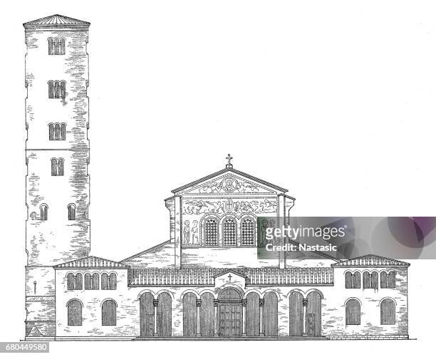 the basilica of sant' apollinare in classe - brick cathedral stock illustrations