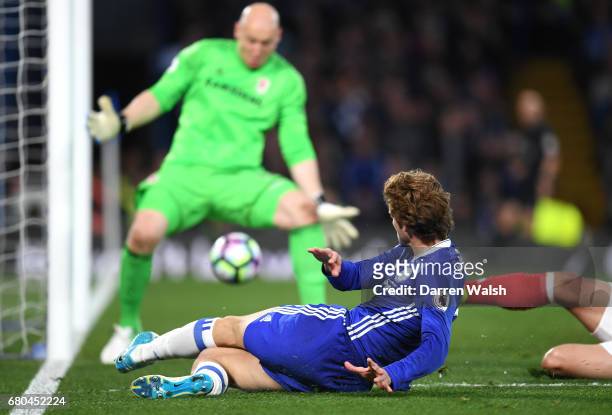 Marcos Alonso of Chelsea scores his sides second goal during the Premier League match between Chelsea and Middlesbrough at Stamford Bridge on May 8,...