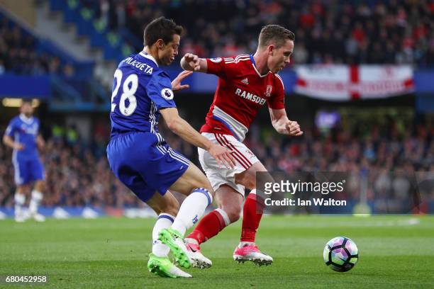 Adam Forshaw of Middlesbrough and Cesar Azpilicueta of Chelsea in action during the Premier League match between Chelsea and Middlesbrough at...