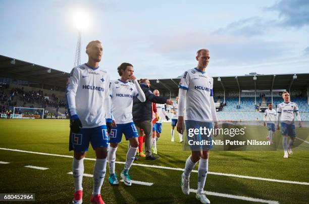 Linus Wahlqvist, David Moberg Karlsson an Andreas Johansson of IFK Norrkoping dejected after the Allsvenskan match between IFK Norrkoping and GIF...