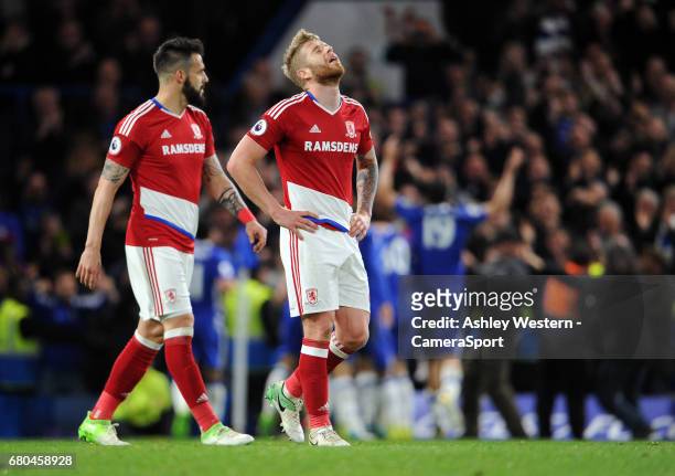 Middlesbrough's Adam Clayton and Alvaro Negredo dejected as Chelsea's Nemanja Matic scores his sides fourth goal during the Premier League match...