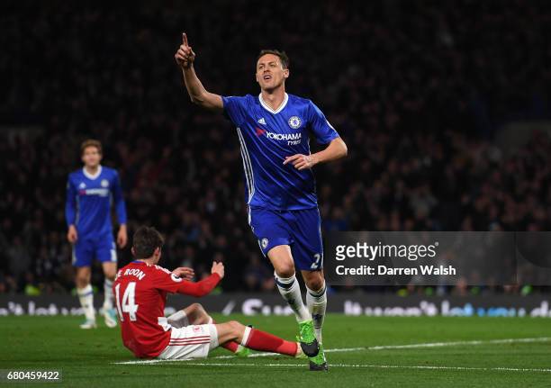 Nemanja Matic of Chelsea celebrates after scoring his his team's third goal during the Premier League match between Chelsea and Middlesbrough at...