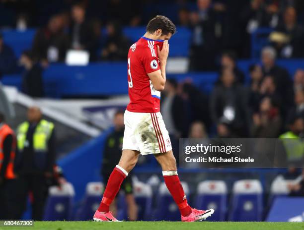 George Friend of Middlesbrough leaves the pitch looking dejected during the Premier League match between Chelsea and Middlesbrough at Stamford Bridge...